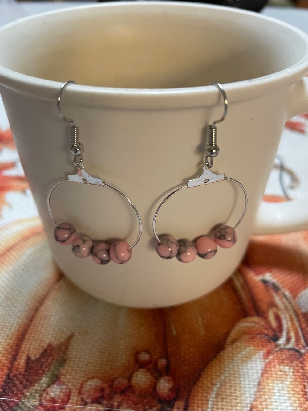 Pink Rhodonite Beaded Hoop Earrings